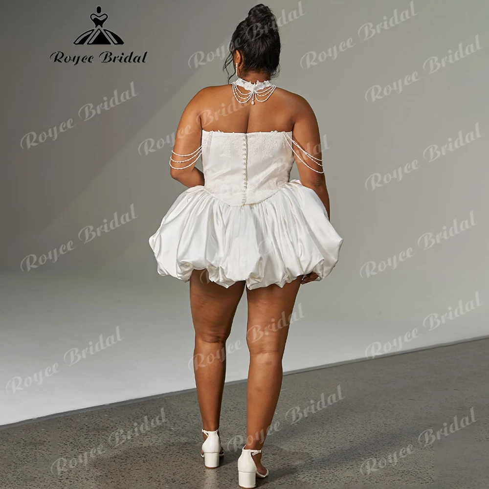 Plus Size Strapless Satin Mini Wedding Dress Corset Bodice with Removable Pearl Chain Straps Puffball Bridal Dress Customized