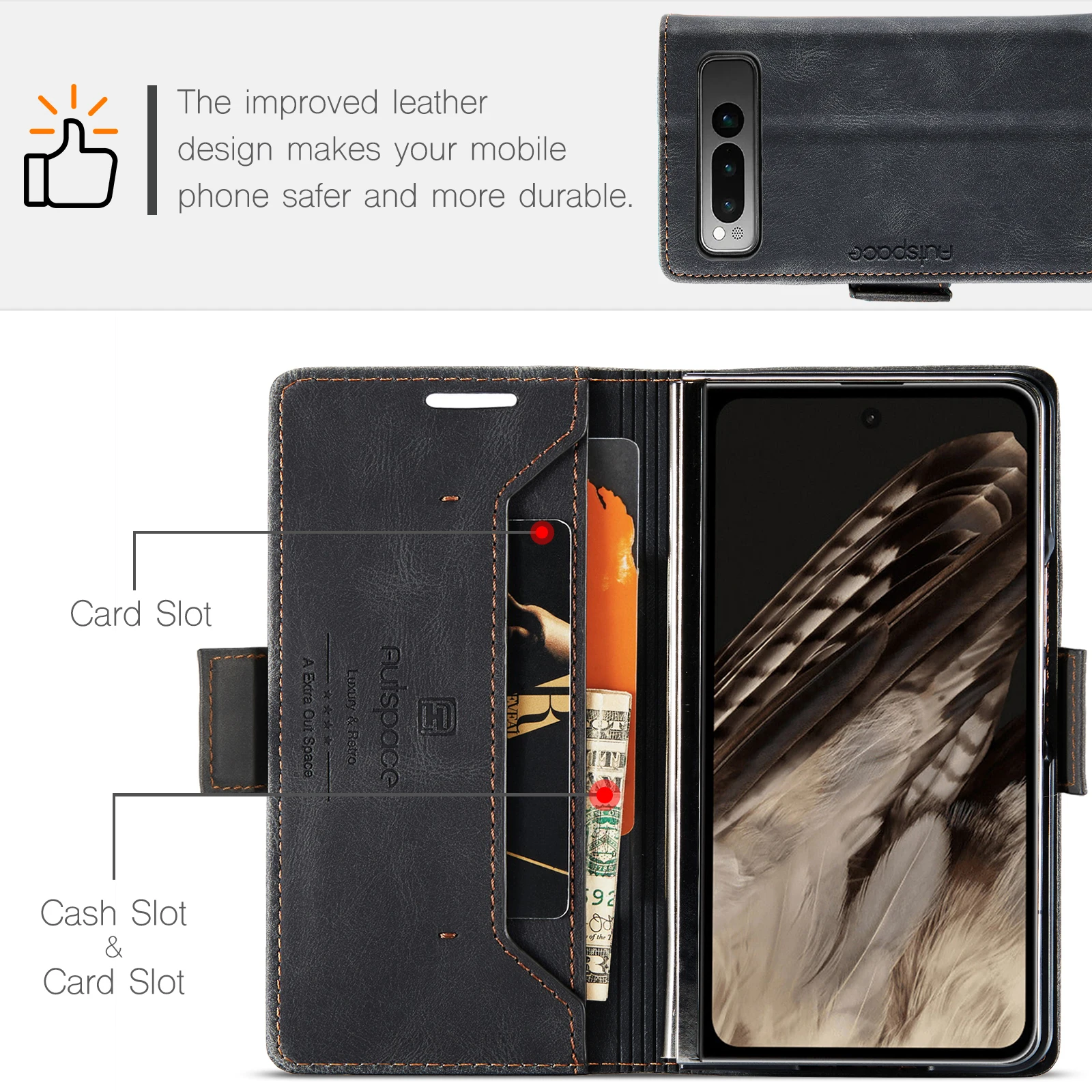 AUTSPACE Skin Feel Retro Leather Wallet Case for Google Pixel Fold Card Slots Holder Magnetic Clasp Folding Protective Case