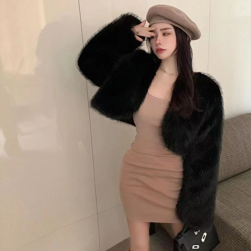 Women's 2026 Autumn Winter Plush Faux Fur Jacket Cropped Cardigan Versatile Thick Warm Elegant Chic Coquette Trendy Top Faux Fur
