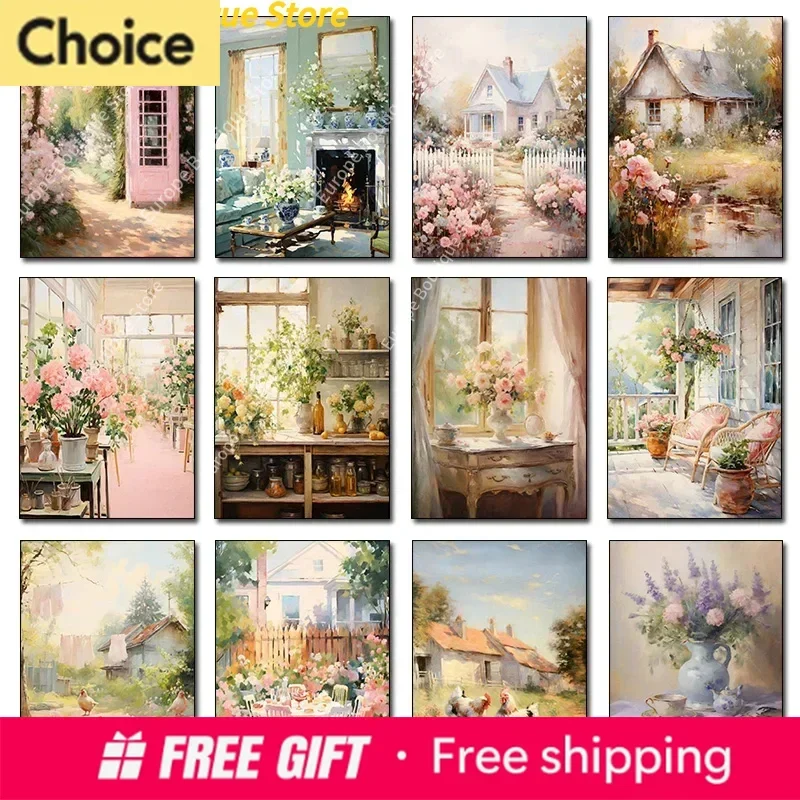 

2026 Spring Vintage Country Cottage Still Life Flower Kitchen Warm Color Artwork Poster Diamond Paintings Wall Art Pictures Ho