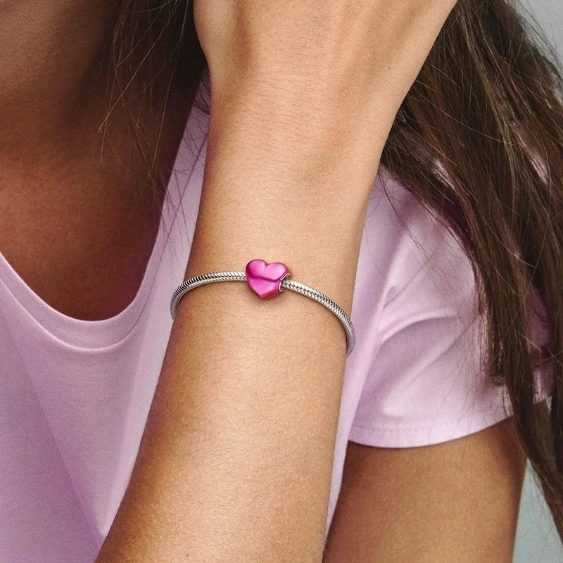 رائجة البيع الأوروبيين DIY بها بنفسك صنع سلسلة القلب المعدني الملون خرز تميمة صالح الأصلي الفضة 925 سوار المرأة مجوهرات هدية