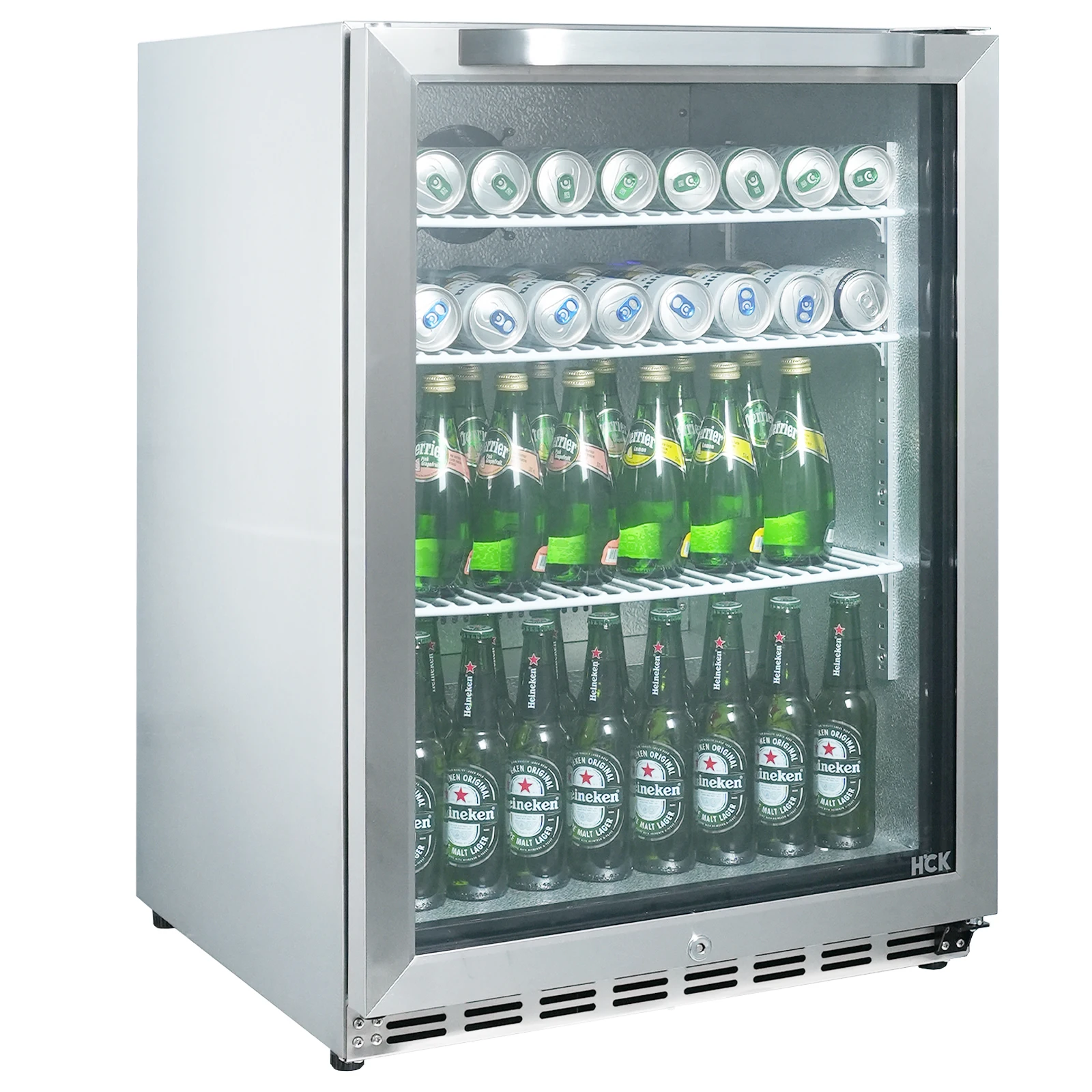 HCK 24 Inch Beverage Refrigerator, 180 Can Under Counter Fridge with Glass Door and Stainless Steel Body, Built-in or Freestandi