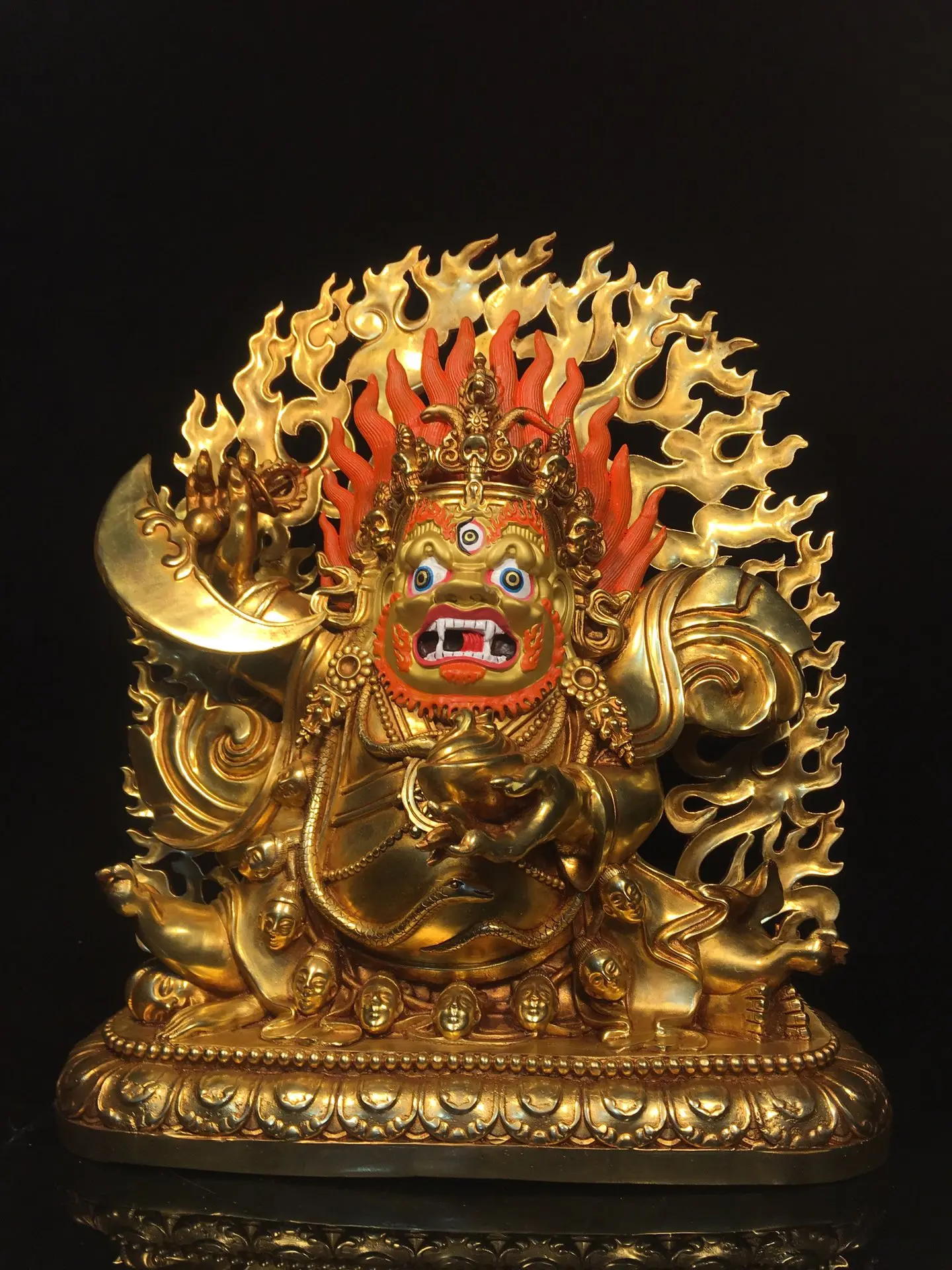 

18"Tibetan Temple Collection Old Bronze Gilded Painted Face Cinnabar Mahakala Tibetan Buddha Vajrapani Worship Hall Town house