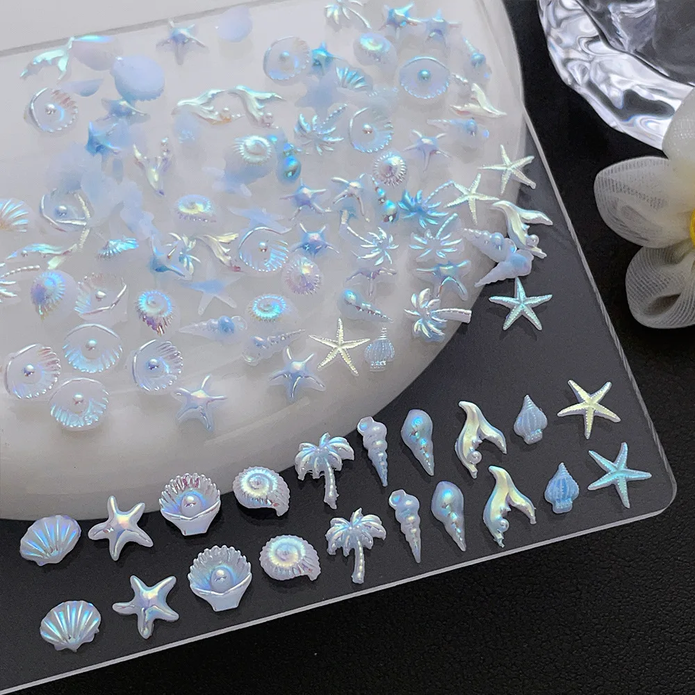 Ocean Series Nail Art Accessories Mixed Set with Simulated Starfish, Conch, Seahorse, Coconut Tree, Pearlescent Shells, and Nail Decoration Accessories