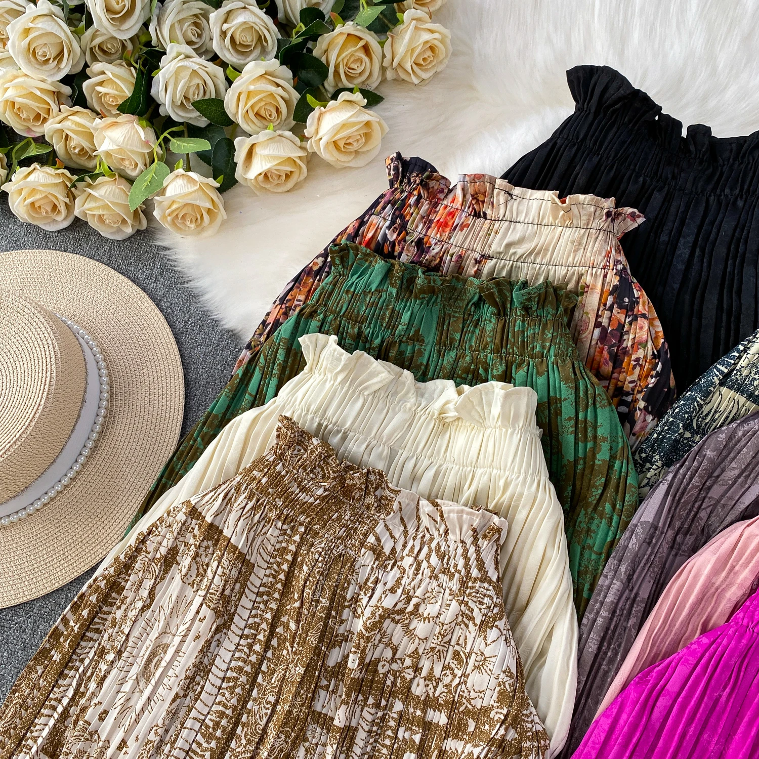 Women summer fashion high waist wide leg pants European style solid color pleated trumpet pants