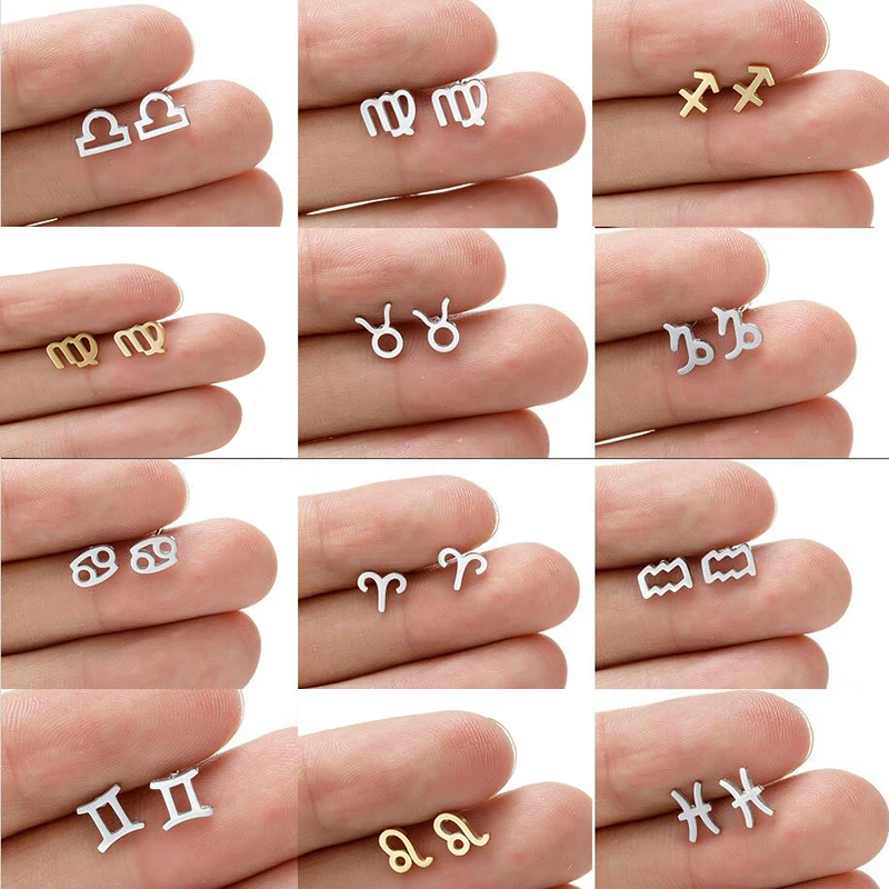 Fashion 12 Zodiac Sign Stud Earrings Stainless Stee Gold Silver Color Horoscope Astrology Charm Jewelry For Women Ladies