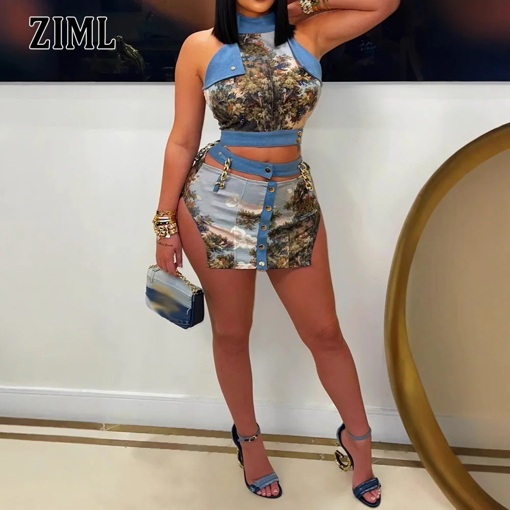 

ZIML Hit Color Two Piece Sets for Women Stand Collar Sleeveless High Waist Spliced Metal Skirt Chic Set Female Fashion Style New