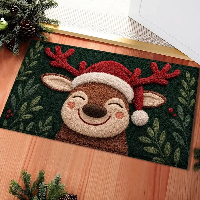 VIKAMA Christmas Welcome Mat Green Tree Star Ornament Leaf Branch Welcome Rug Entryway Floor Mat Home Happy New Year Home Decor