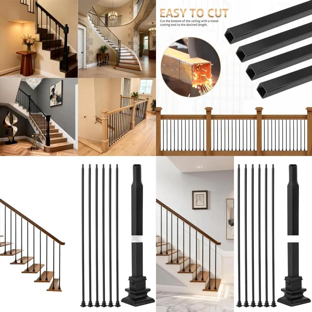 

20 Pack Interior Staircase Balusters, 44 x 1/2 Black Square Wrought Iron Spindles with Plate Shoes