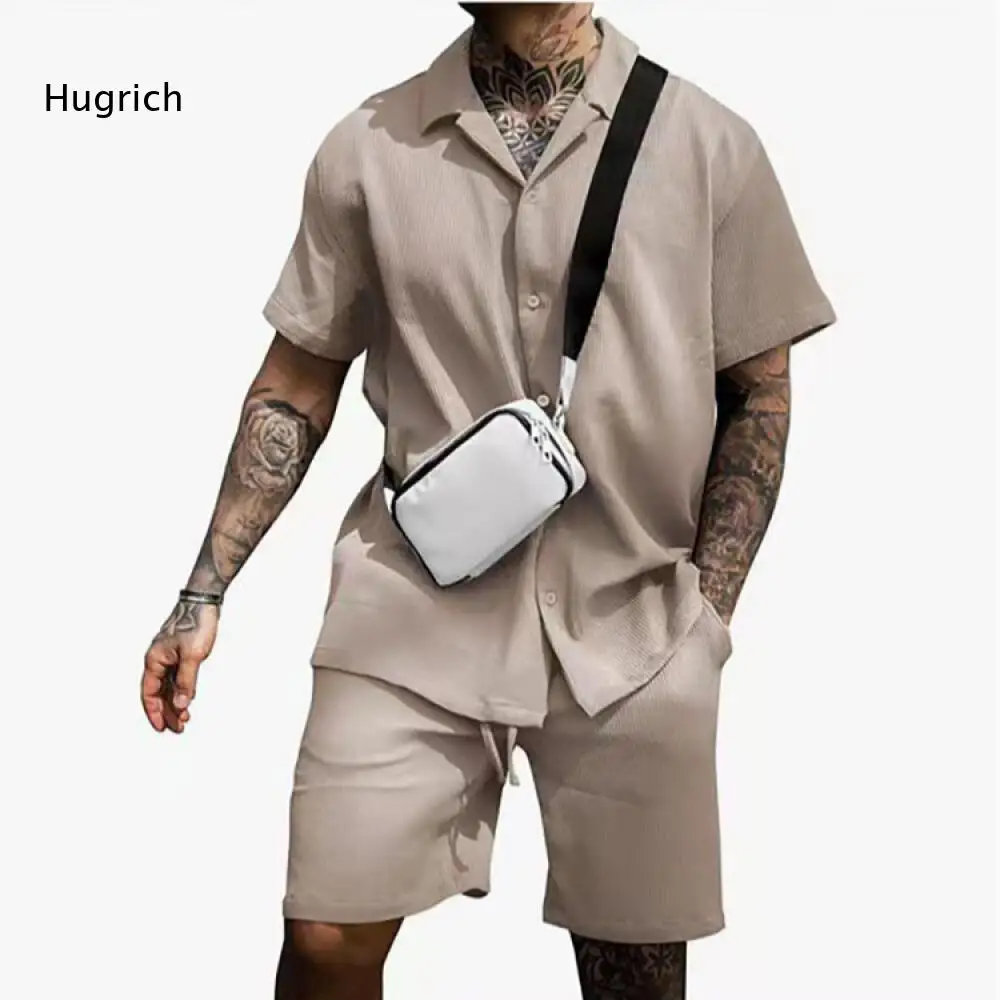 Mens Daily Casual Two Piece Suit Waffle Fabric Lapel Short Sleeve Button Shirt And Drawstring Elastic Waist Loose Casual Shorts