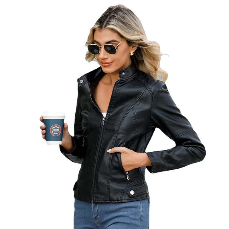 Pure Color New Women Casual Leather Jacket Black Red Fashion Women\'s Street Motorcycle Coats Lady Slim Fit Tops