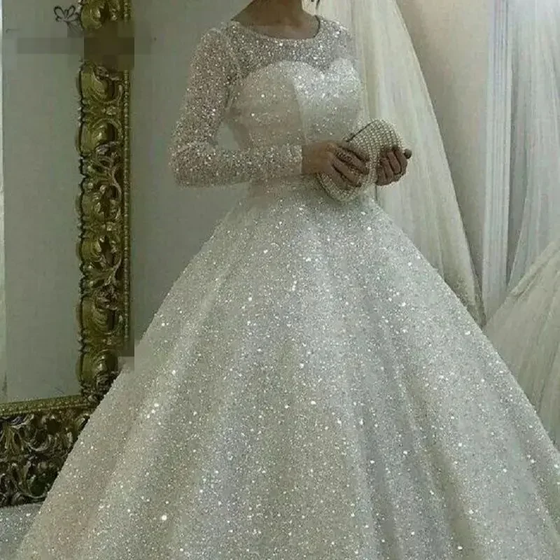 Abito da sposa personalizzato a maniche lunghe taglie forti Abiti da sposa Abiti da sposa africani gonfi con paillettes completamente Shinny
