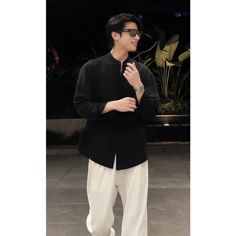

New Chinese Sle Men's Long Sve irt Slim Fit Stand Collar Top Trendy Brand Autumn Faion Outerwear Casual irt