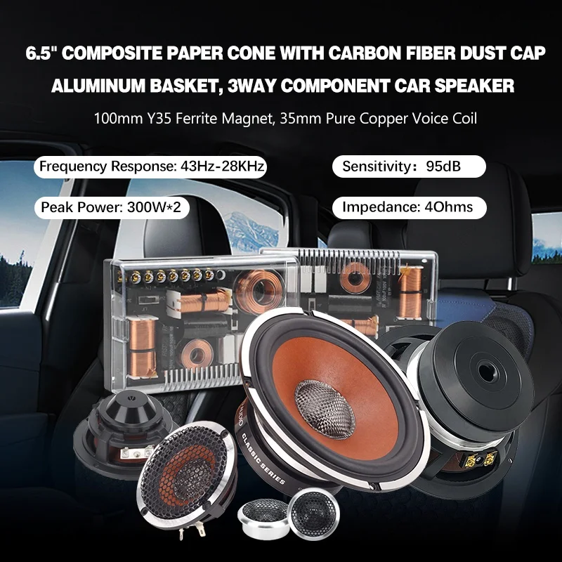 6.5 Inch 4Ohms Pressed Wool Paper Cone 3-Way Component Speaker RMS 150W*2 Car Audio Component Carbon Fiber Speaker System set