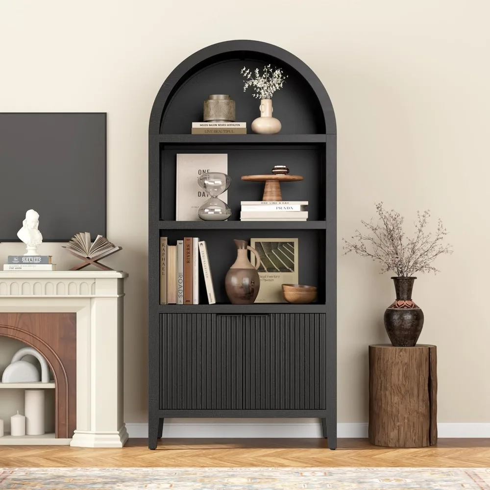 5-Tier Tall Arched Black Bookshelf with Fluted Doors and Shelving, Display Cabinet for Home and Office