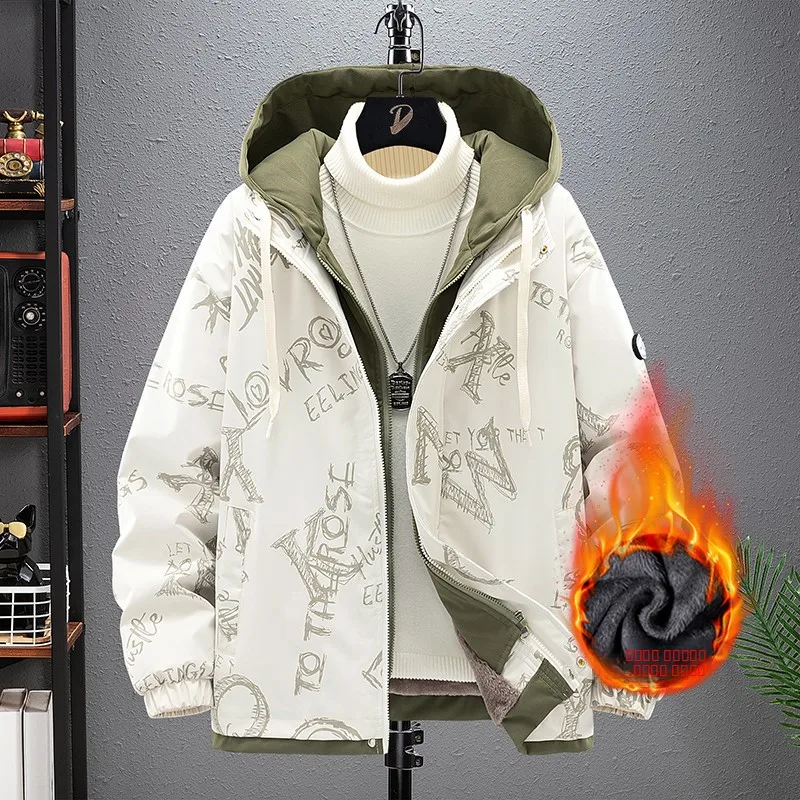 

Men's Winter Thickened Fleece Lined Cotton Jacket Hooded Fake Two-Piece Warm Stylish Loose Workwear Style Outerwear for Couples