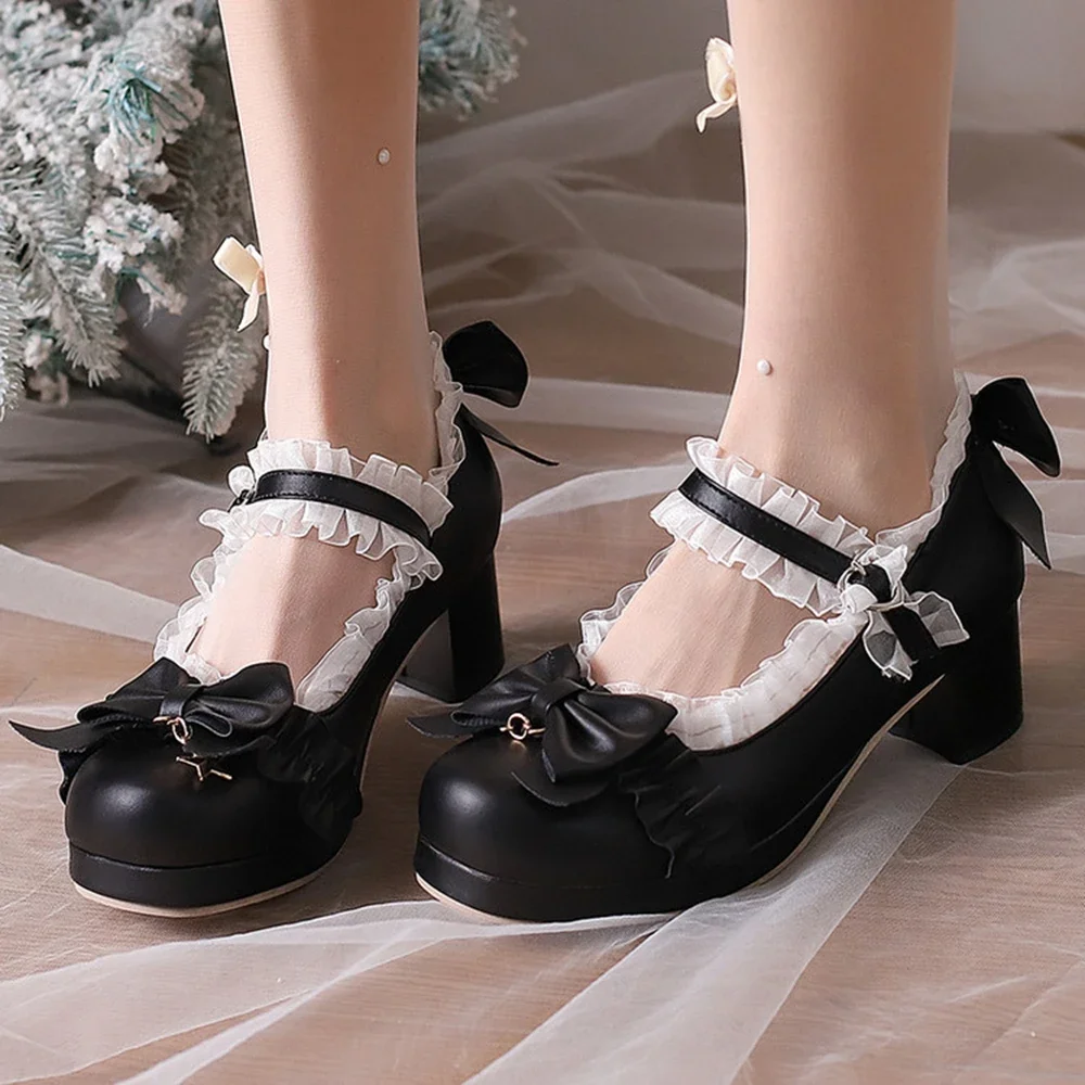 

Women Spring and Autumn Bow Mary Jane High Heels Round Head Fashion Dress Party Single Shoes Thick Heel Lace Dress Large 48