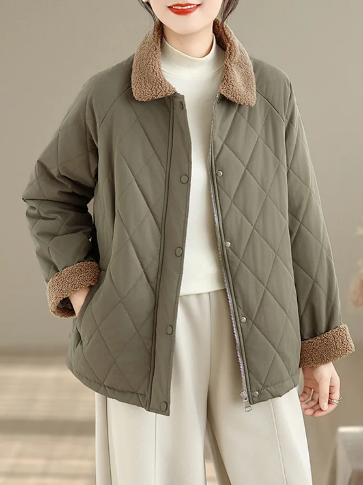 Retro Quilted Lamb Fur Casual Lightweight Collar Jacket Ladies Winter Fashionable Cotton Clothes Patchwork Cotton Coat