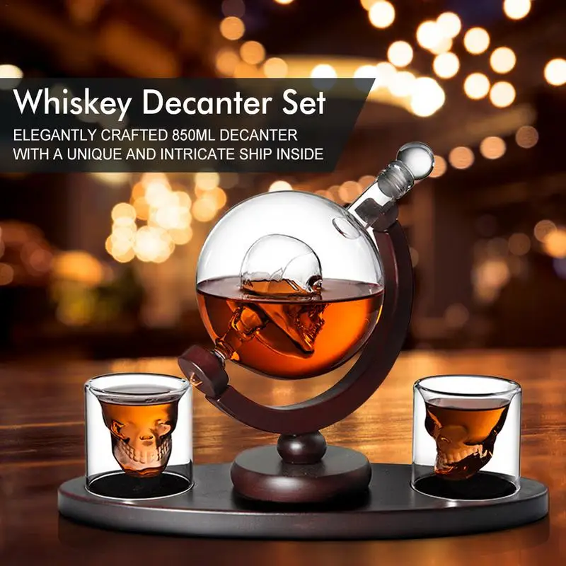 

850ml Whiskey Decanter Set Skull Vodka Globe Decanter With 2 Glasses Liquor Dispenser With Wood Stand For Bourbon