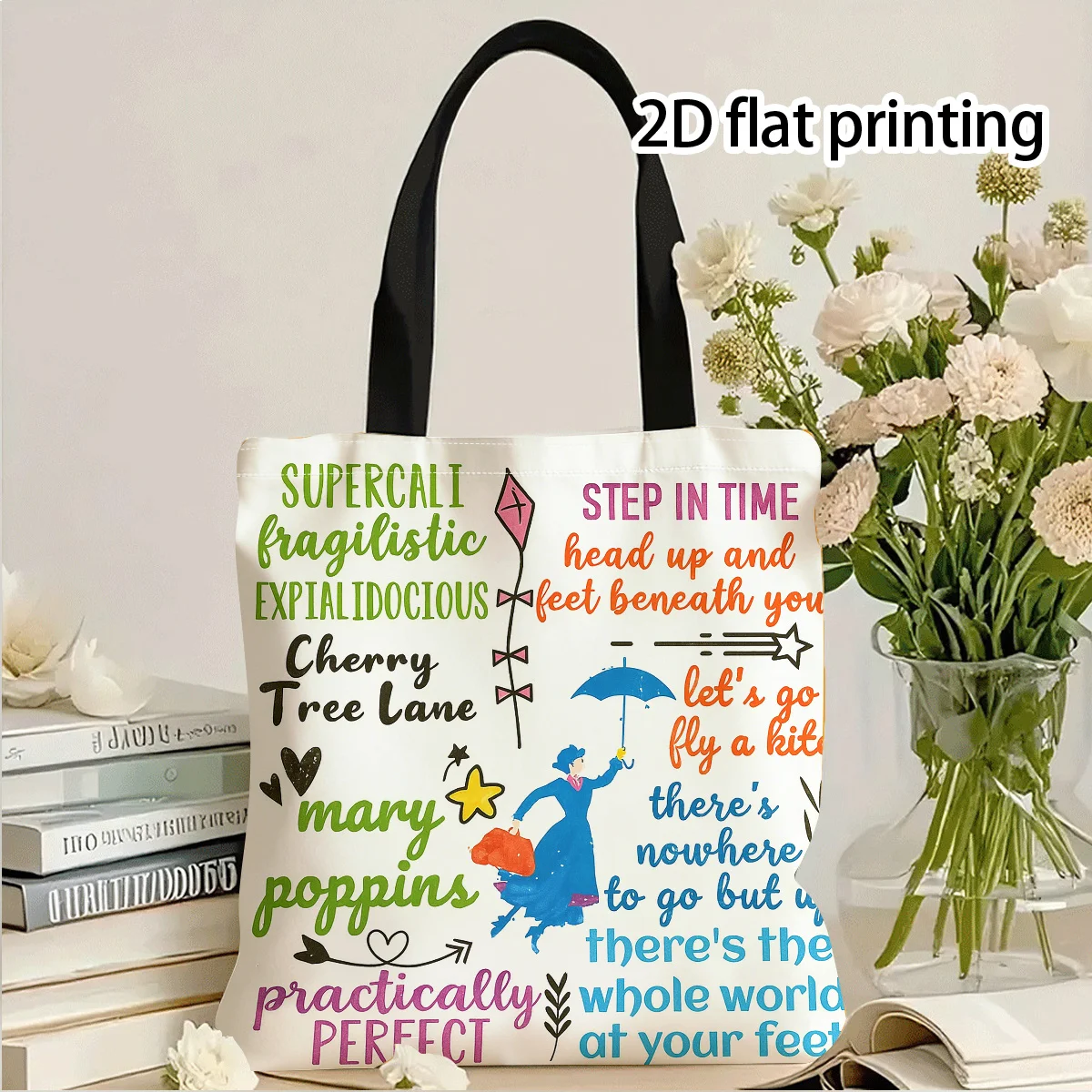 Mary Poppins Themed Inspirational Wall Art Design Tote Bag Print Colorful Shoulder Bag Outdoor Shopping Fun Design Handbag