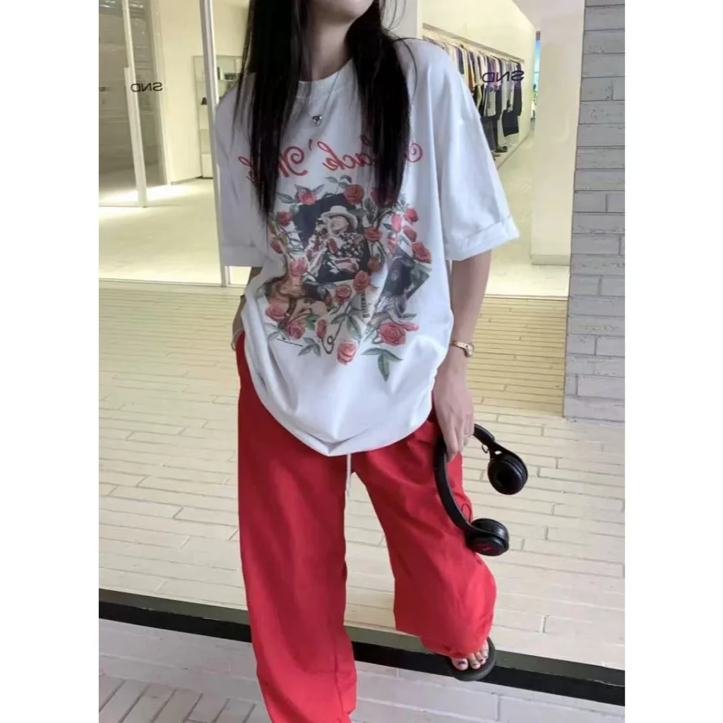 Camiseta con estampado de flores para mujer, camiseta de manga corta 100% de algodón de alta calidad, Top informal Y2k, ropa femenina