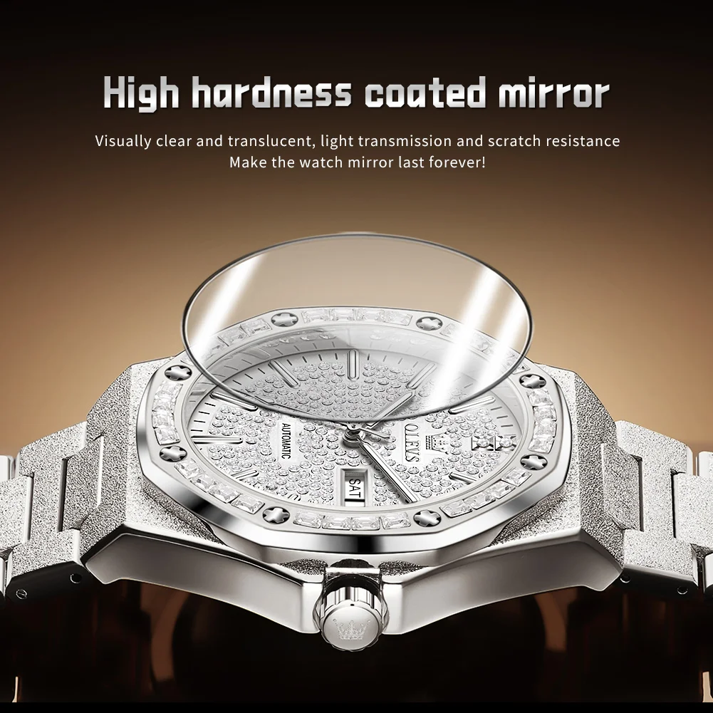 OLEVS 9803 ساعة ميكانيكية رجالية فاخرة ساعة أوتوماتيكية للرجال الفولاذ المقاوم للصدأ مقاوم للماء التقويم الماس ساعة رجالية Reloj Hombre