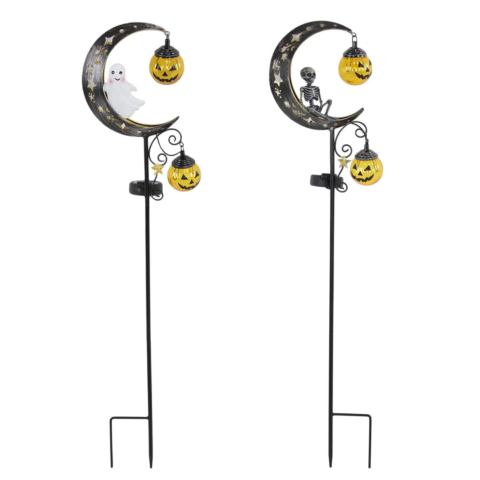 Solar Halloween Moon Skull Ghost Stake Lights Pumpkin Stars Garden Lawn Pathway Yard Outdoor Metal Decor