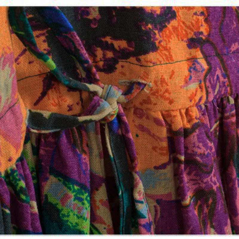 Herbst Baumwolle Leinen Wunderschöne Druck Kleid 3/4 Langarm Frauen Retro Pastoralen Stil Hohe Taille Kordelzug Französisch Boho Maxi Rock