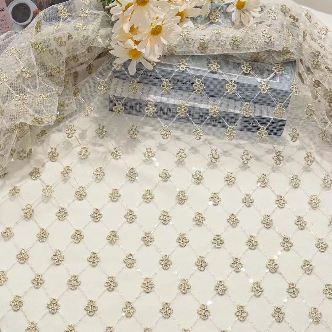 Checkered Mesh Sequin Embroidered Lace Fabric for Dresses Kids Clothing By The Yard - Image 2