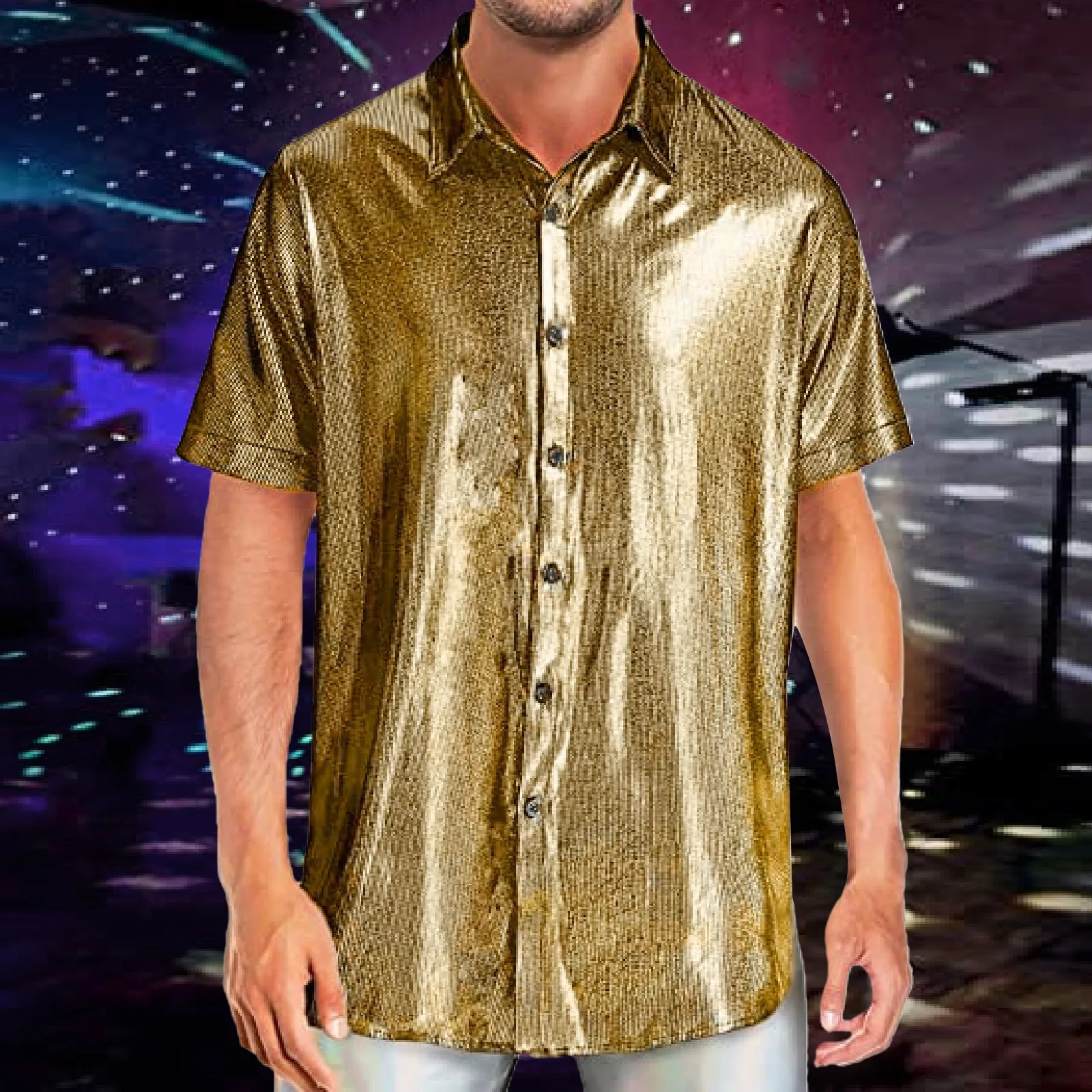 Sequin Gold Silver Shirts Men 2024 Summer Luxury Fashion Shiny Short Sleeve Disco Cosplay Christmas Men Stage Dance Costume