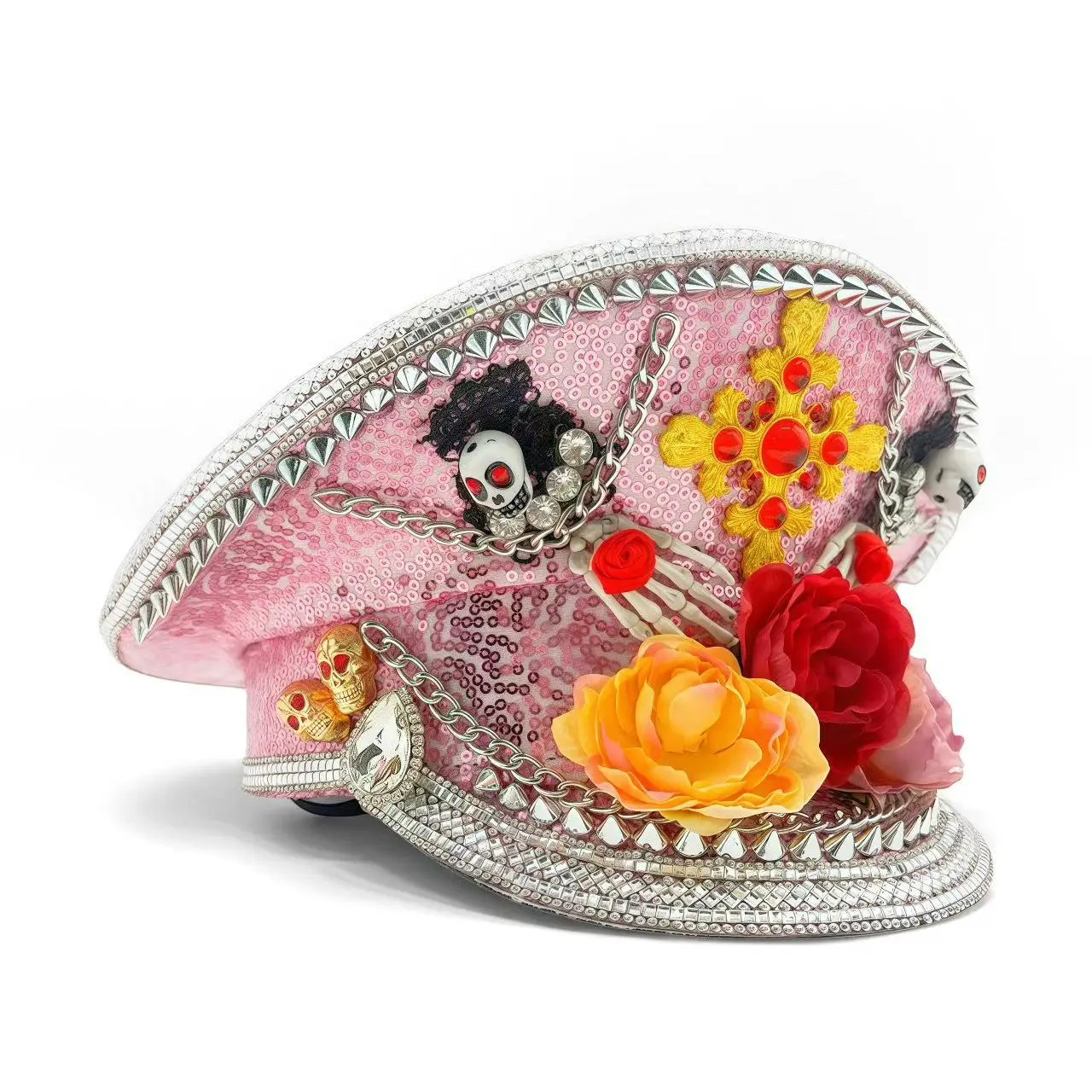 Czapka Kapitańska HongLuan z Żółtą Laserową Skórzaną Pętelką, Ozdobiona Cyrkoniami, Czapki Wojskowe dla Kobiet, Akcesoria na Festiwale Rave i Czapka Imprezowa dla Mężczyzn