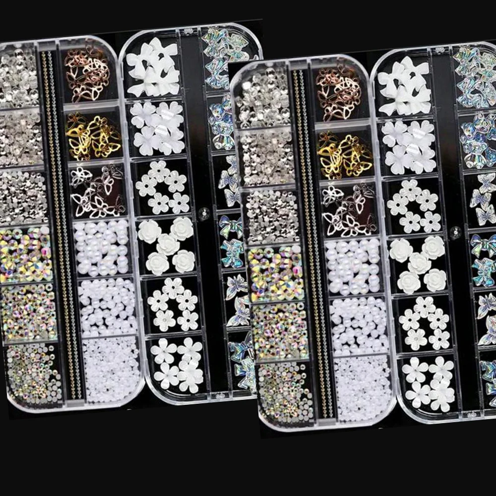 2 Pudełka Mieszanych Mini Diamentów + Kwiatów z Żywicy + Perłowych Ozdób do Paznokci, 12 Przegródek, Różne Rodzaje Akrylowych Kwiatów/Koralików, Elementy do Samodzielnego Wykonania Ozdób do Paznokci