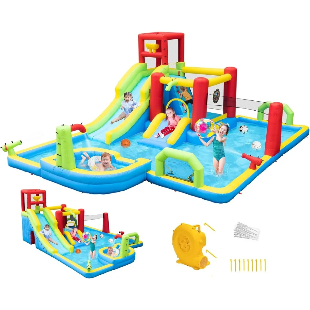 

Inflatable Water Slides Park, Large Water Castle for Kids Fun Outdoor Jumping Bouncers with Extra Large Pool and 2 Slides,