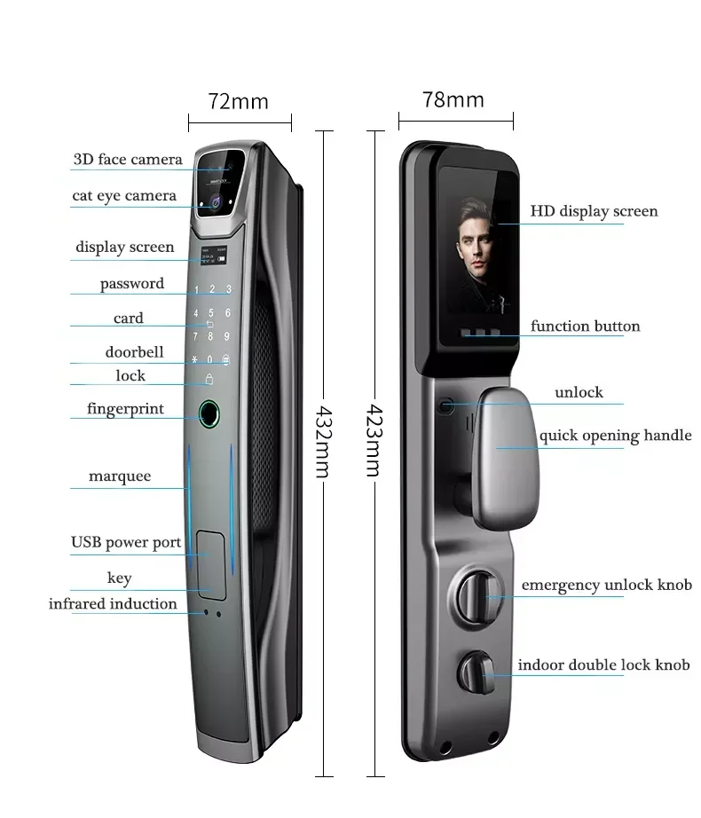 005Qleung Home Security Digital Video Intercom Funtion With Camera 3D Face Recognition Password Fingerprint Smart Door Lock