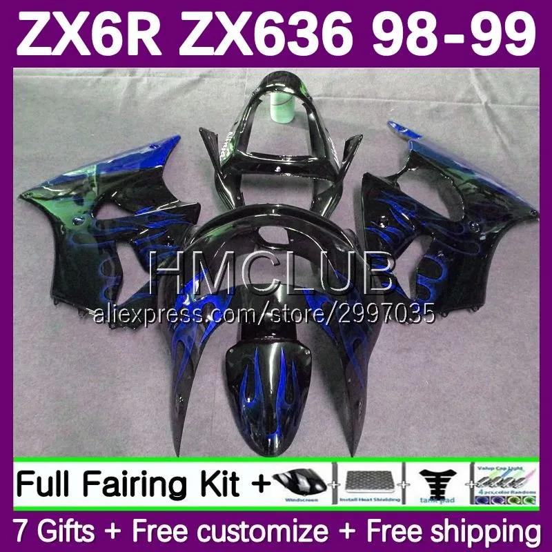 Fairing For KAWASAKI NINJA ZX-6R ZX636 ZX 6R 636 6 R ZX6R 98 99 96No.101 ZX-636 ZX 600 CC 600CC ZX600 1998 1999 Body Blue flames