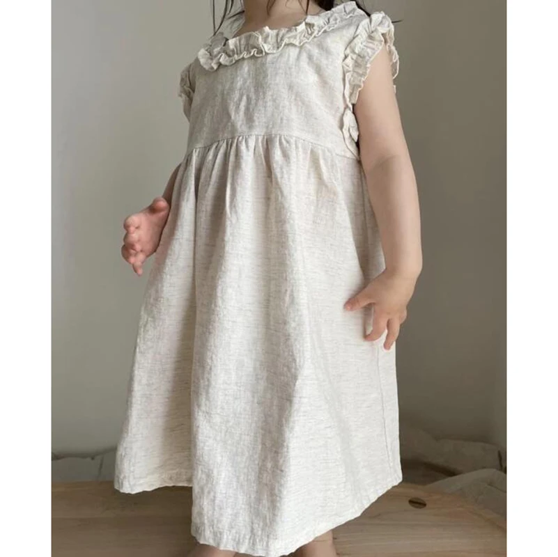 

Summer Toddler Girl Dress Sleeveless Linen Cotton Kids Beach Dress with Ruffles Lace Solid Slip Dresses for Girls clothes 1-8Y