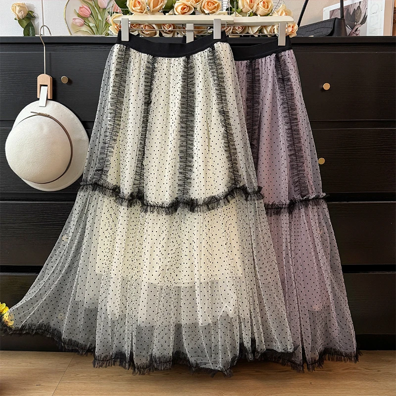 Spring Autumn Fashion Polka Dot Printing Mesh Sheet Skirts Elastic Waist Easy Fit A Line Ruffles Bottom Midi Puffy skirt