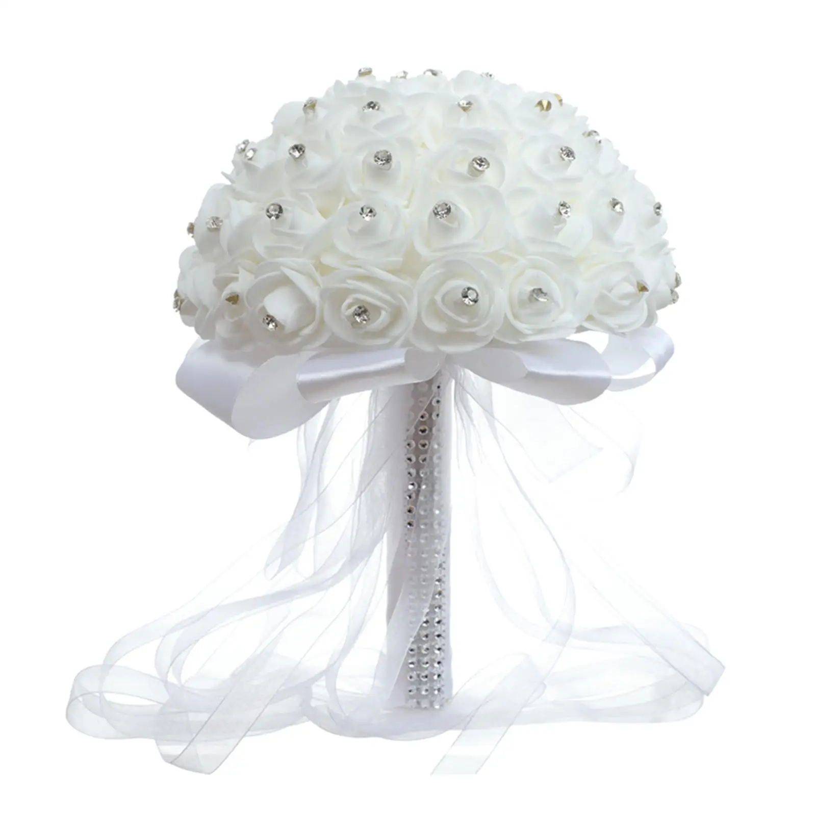 Fake Bridal Bouquet White Roses with Rhinestones for Wedding Decoration Arch Altar and Home Art Display