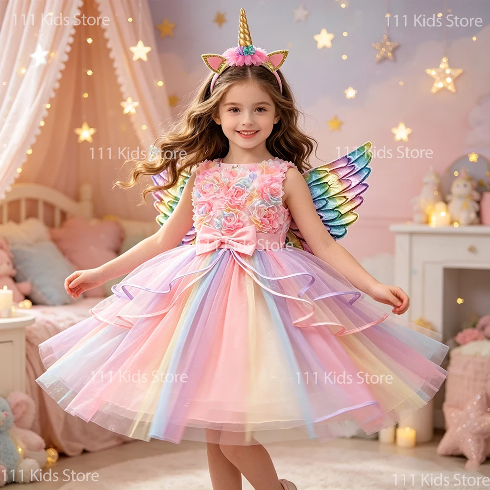 Colorful Princess Dress Girls Unicorn Cosplay Costume with Headband Wings Lucky Girl Birthday Gift Clothing Kids Summer Dress