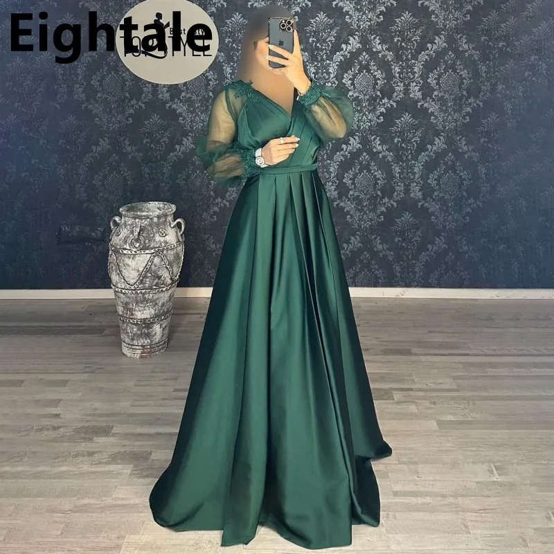 Customized Long Sleeve A Line Plus Size Abaya Evening Dresses Appliqued Beaded Side Slit Prom Dresses Dubai Formal Party Gown