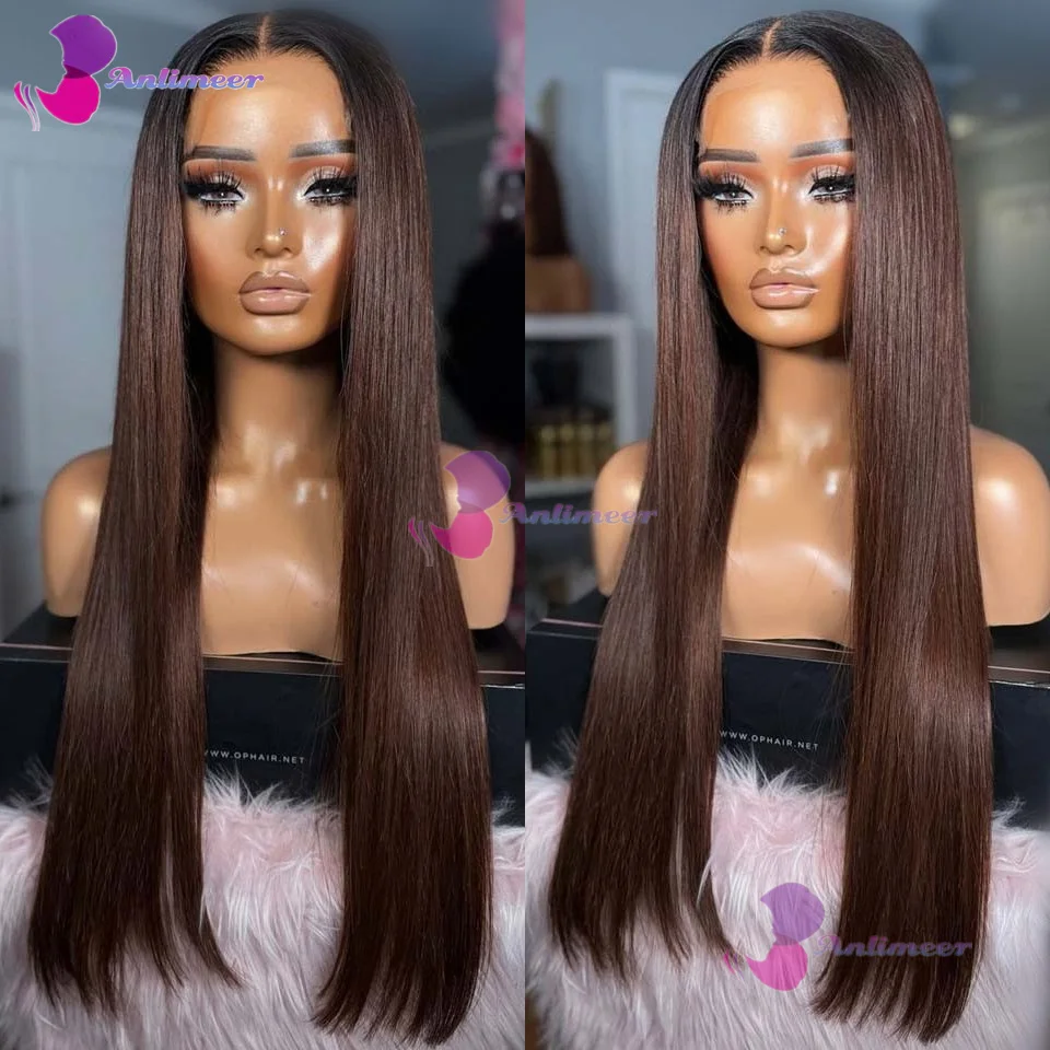 Full End Glueless Ombre Dark Brown Silk Straight Human Hair Silk Top Wigs With Natural Hairline Long 360/Full Lace Wigs