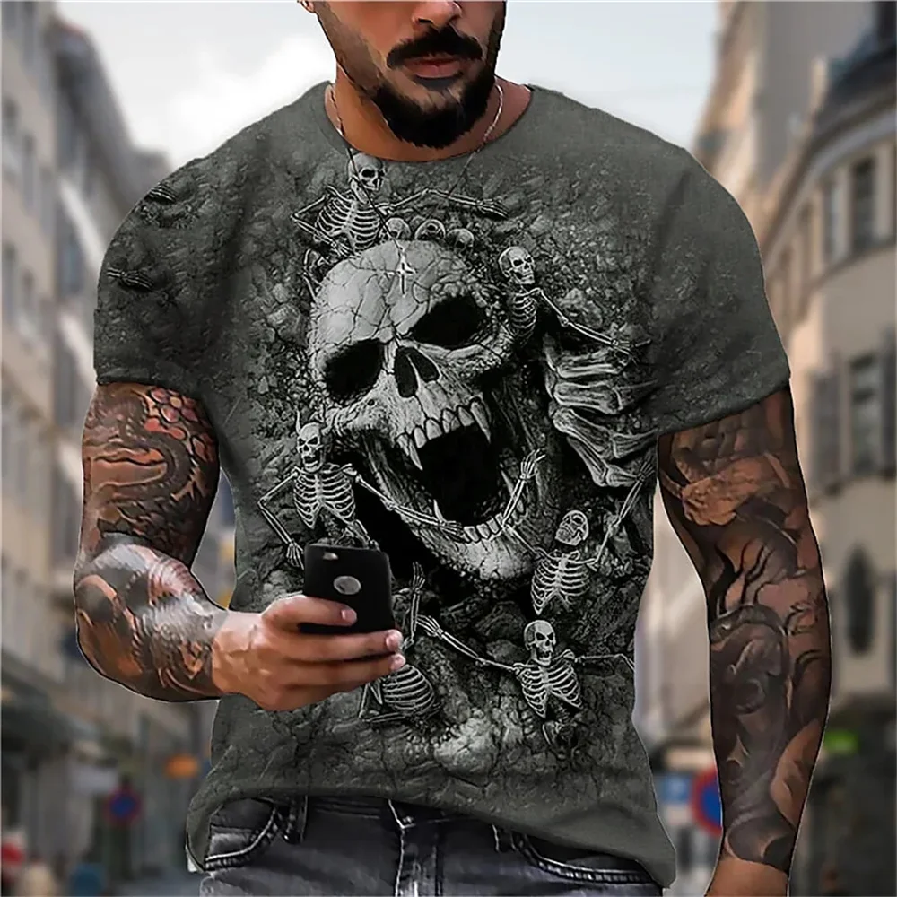 Vintage 3D Skull Print T-Shirt Men Street Harajuku O-Neck Fuuy Graphic Short Sleeves Tops Travel Quick Dry Sports Men's Clothing