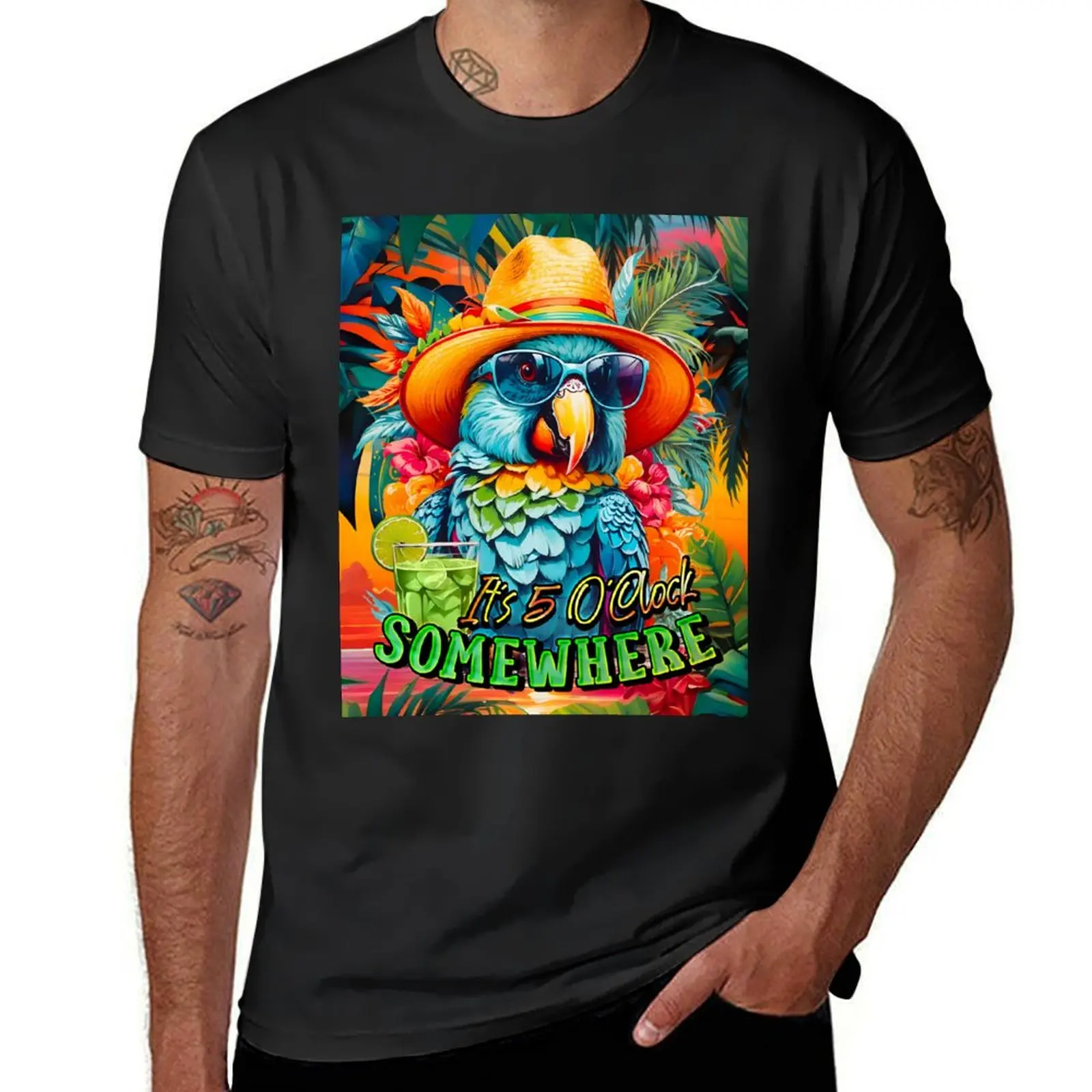 It's 5 o'clock somewhere Tropical Parrot Cocktail Sunset T-Shirt quick-drying vintage customs black t shirts for men