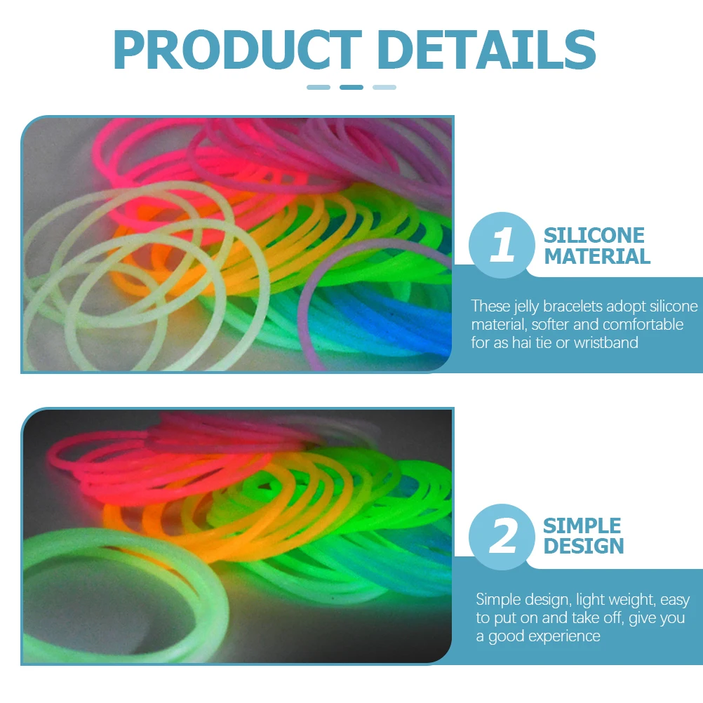 50 pçs brilham no escuro pulseiras de silicone crianças decorações elásticos laços de cabelo pulseiras acessórios de néon concerto festivais barras