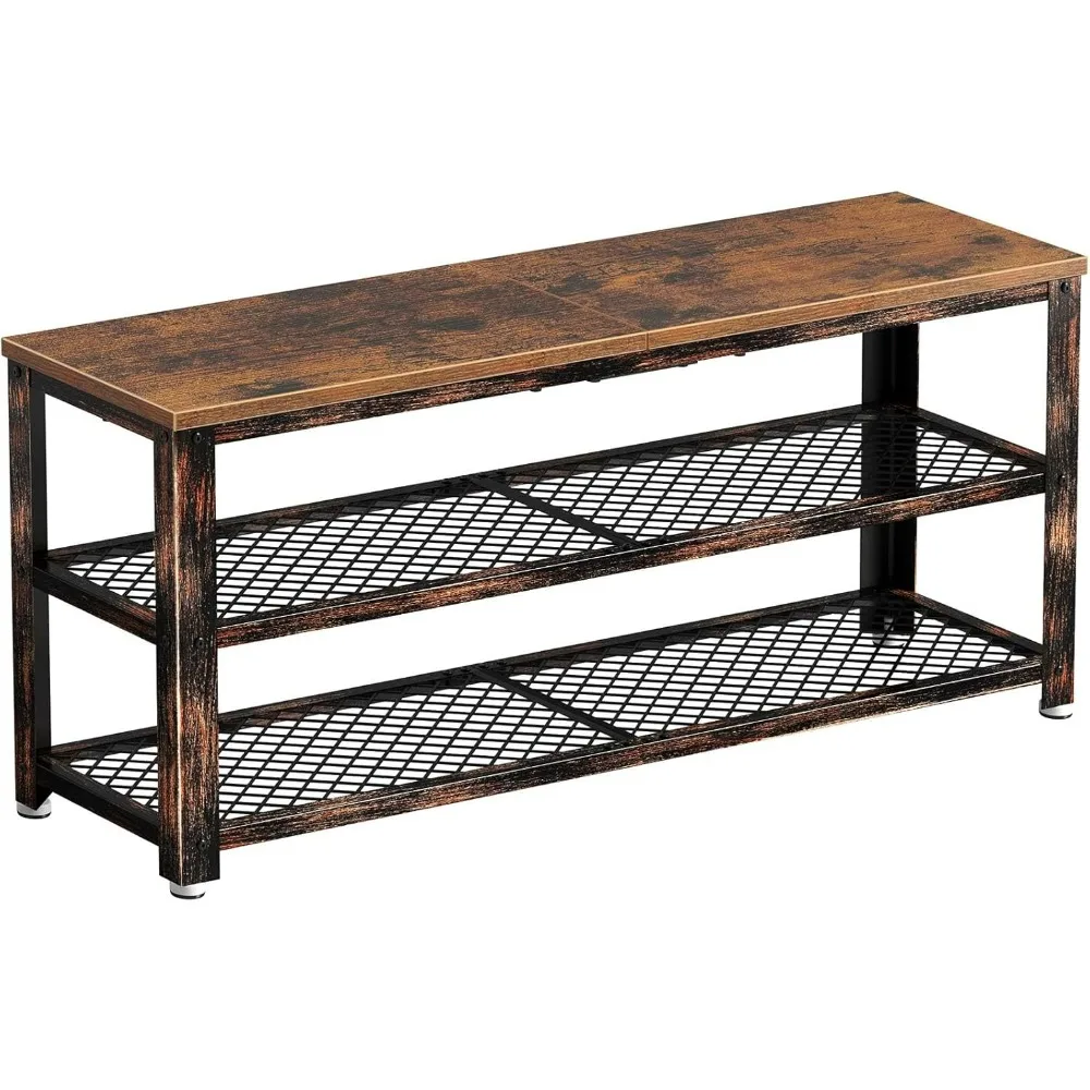 

Rolanstar Shoe Bench, 3-Tier Shoe Rack, 39.4” Storage Entry Bench with Mesh Shelves Wood Seat, Rustic Foyer Bench Shoe Rack