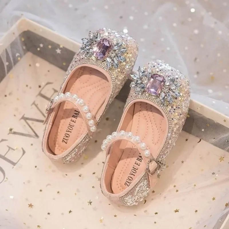 Girls Shoes Rhinestone Princess Shoe Pearls Mary Janes Wedding Shoe Dance Show Party Children Leather Shoes Autumn