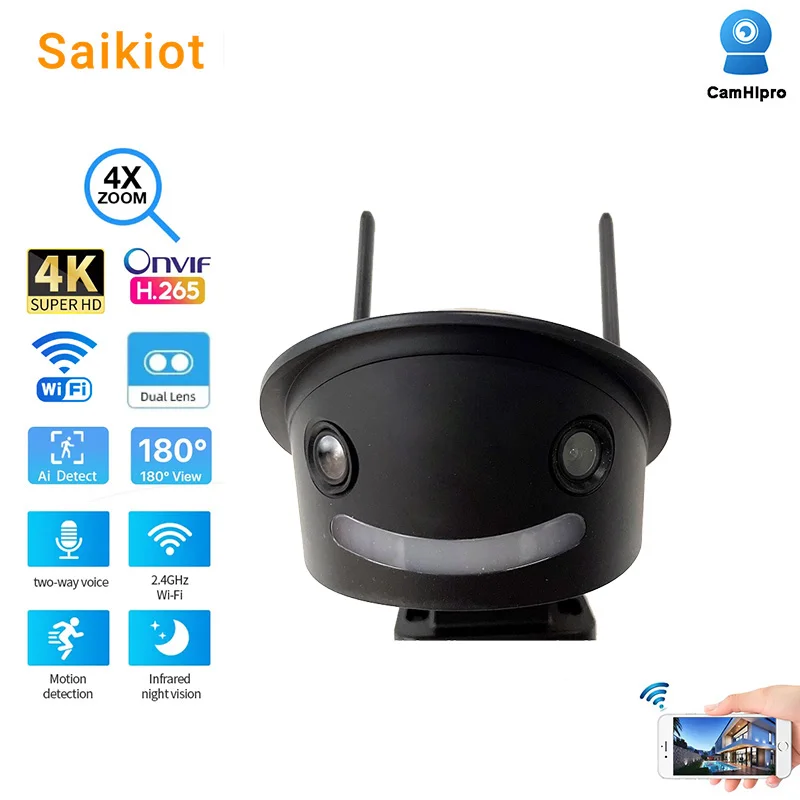 

Камера видеонаблюдения Saikiot CamHipro ONVIF с Wi-Fi, двойным объективом и 4-кратным увеличением, 4K, панорамная камера «рыбий глаз» с углом обзора 180 градусов, Onvif, сетевая наружная камера видеонаблюдения