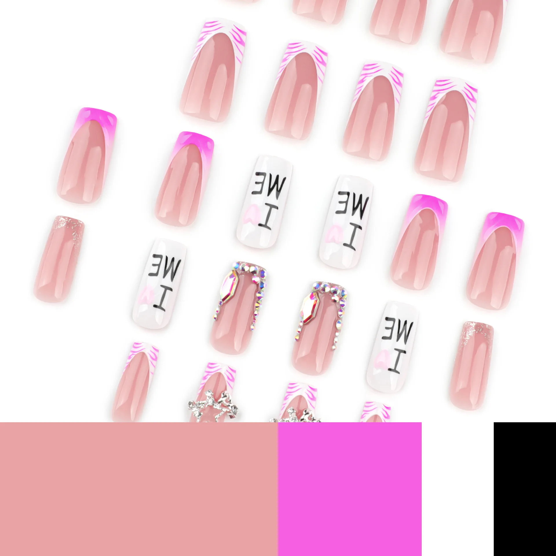 24 Stück Flash Diamond Falsche Nägel Rosa Zebramuster Französischer Stil Press On Nails Sternkette Dekor Y2k Valentinstag Fake Nail – Detail 6