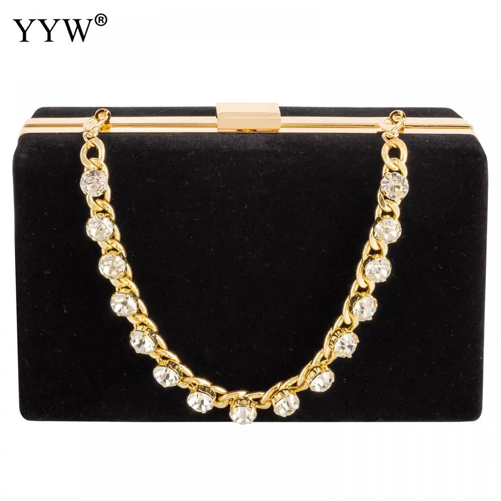 Black Velvet Women Handbags Rhinestone Trendy Chain Evening Clutch Party Formal Occasion Elegant Ladies Mini Purse Classic Bags