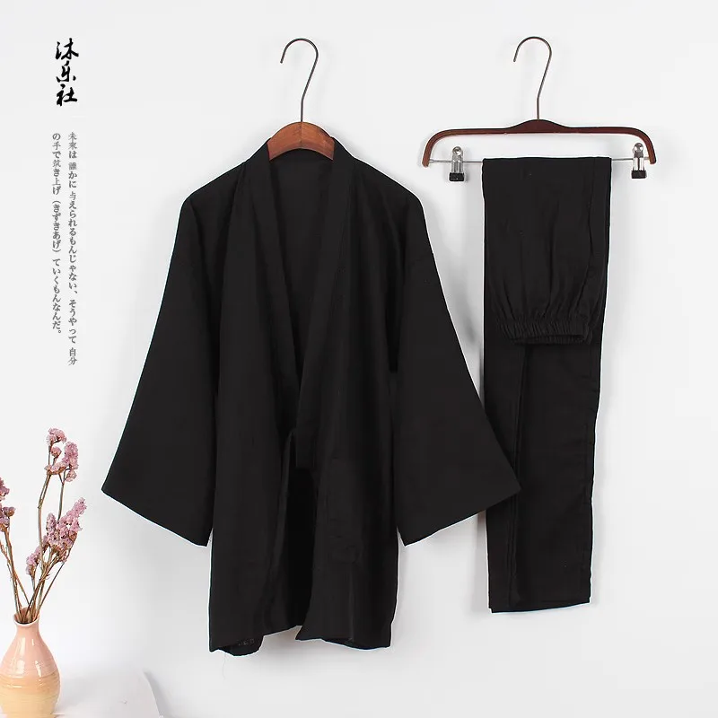 Men's Loungewear Long Sleeve Kimono Pajamas Set Cotton Comfortable Black Nightclothes